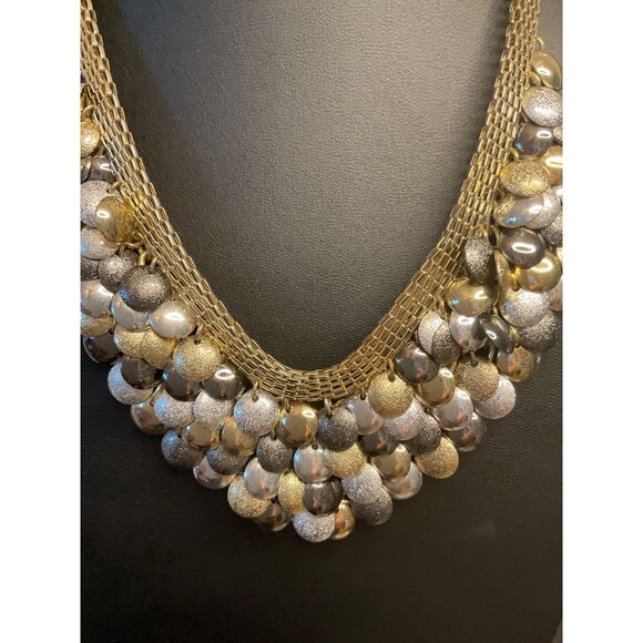 Gold-Tone Statement Necklace With Silver & Gold Disk Adjustable Chain Layered De - Picture 3 of 5
